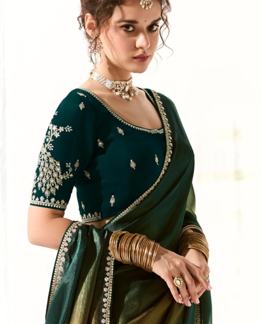 2223 - ATTRACTIVE TEAL GREEN BORDER WORK TISSUE SILK FESTIVE WEAR SAREE